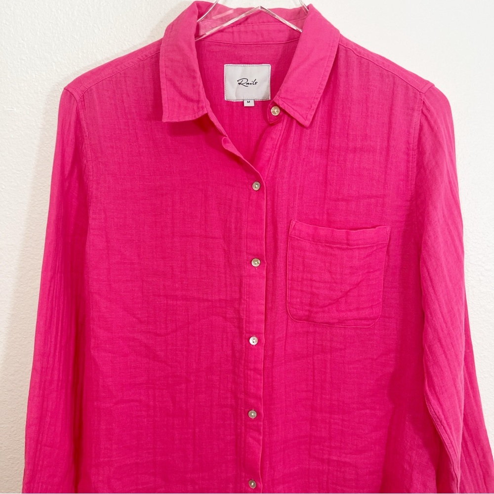 Rails Ellis Gauze Button Down Shirt Pink Hibiscus Organic Cotton M - Picture 3 of 11